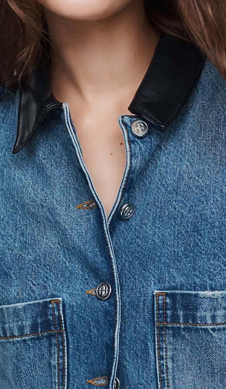 ANINE BING Yuma Denim Jacket With Faux Leather Collar - Cabana Blue Size Small - Picture 2 of 3